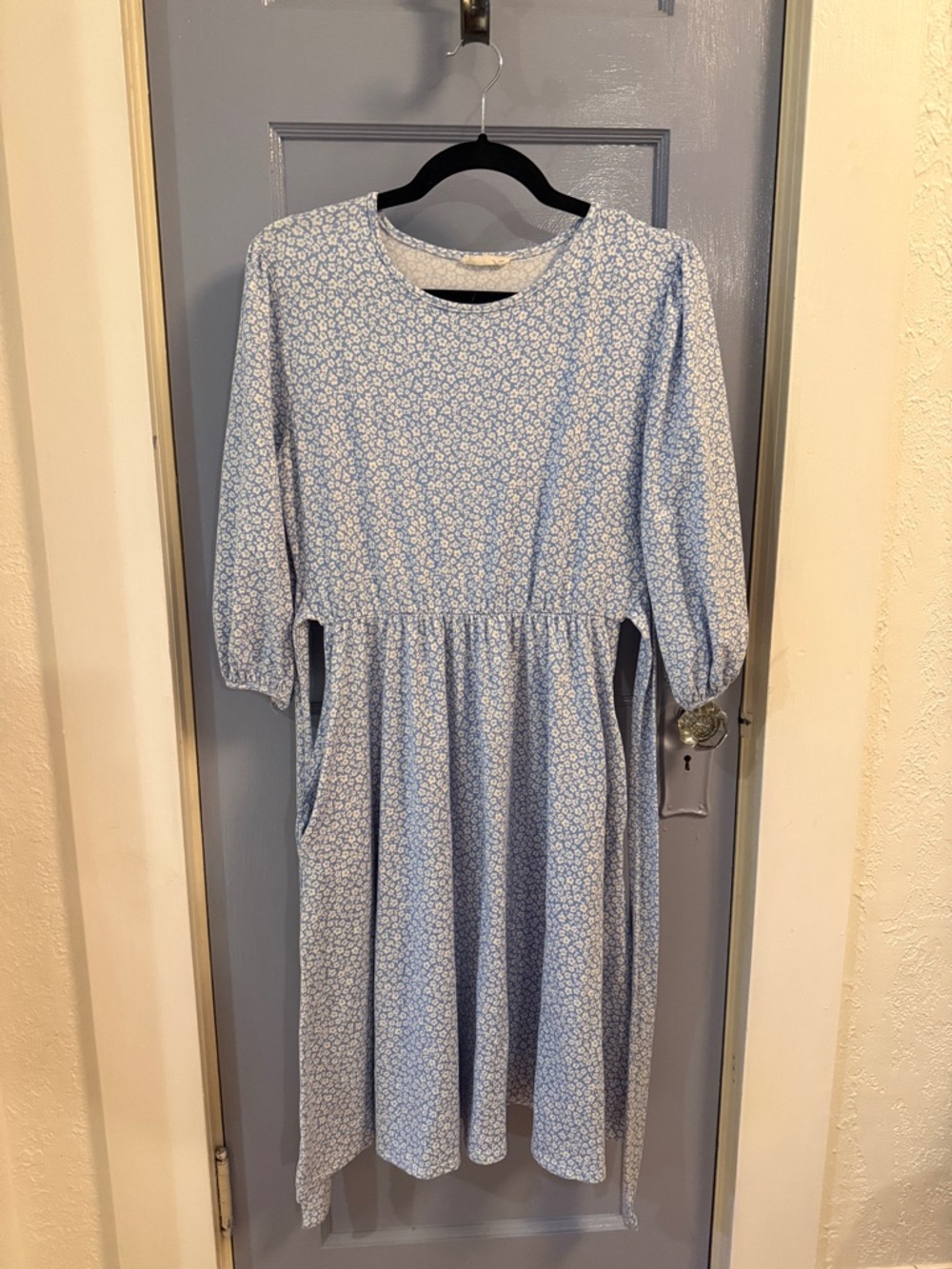 Light Blue Floral Midi Dress with Pockets